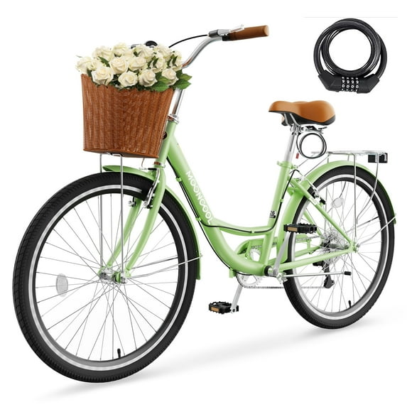 Mooncool 24 & 26 Inch Beach Cruiser Bike for Women, 7 Speed Commute Bike for Adults, Womens Bicycle with Ratten Basket & Rack, Multiple Color