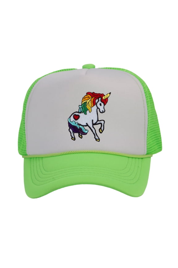 Adult Unicorn Rainbow Mesh Cap Snapback Trucker Hat, White/Neon Green