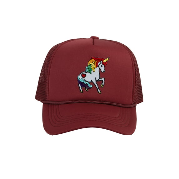 Adult Unicorn Rainbow Mesh Cap Snapback Trucker Hat, Wine