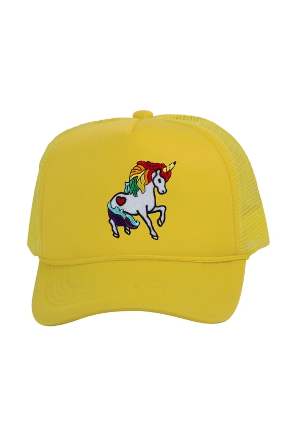 Adult Unicorn Rainbow Mesh Cap Snapback Trucker Hat, Yellow