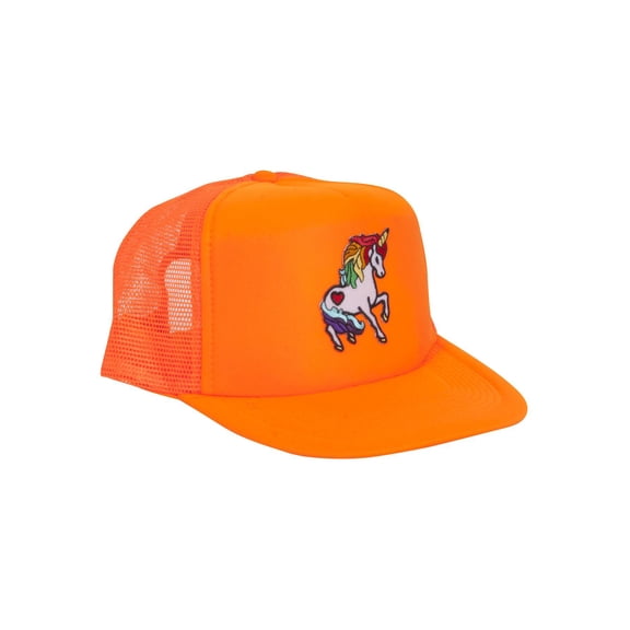 Adult Unicorn Rainbow Mesh Snapback Trucker Hat, Neon Orange