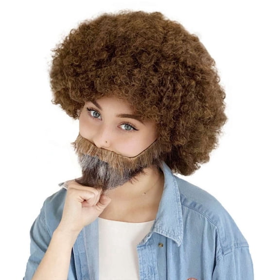 80s Painter Wig and Beard Set Unisex Brown Curly Bob Wig for Halloween & Cosplay