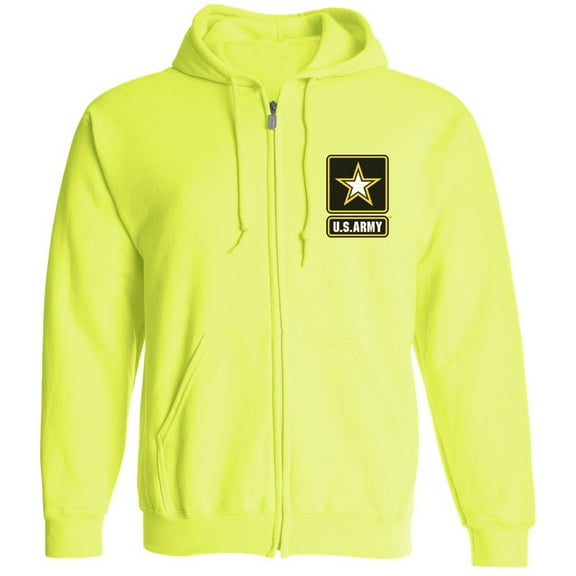 Adult Unisex Army Logo Emblem Neon Full-Zip Hoodie Sweatshirt, Safety Green, Small