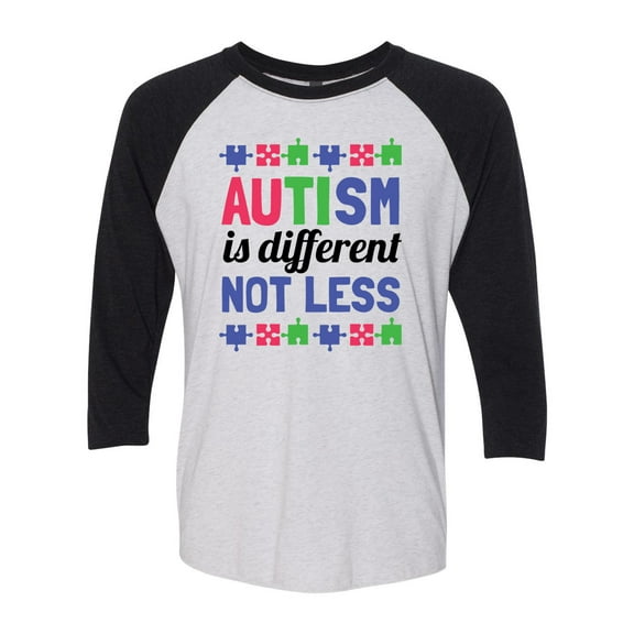 Adult Unisex Autism Awareness Autism Different Not Less 3/4 Sleeve Raglan-Black/White-large