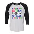thumbnail image 1 of Adult Unisex Autism Awareness Autism Different Not Less 3/4 Sleeve Raglan-Black/White-medium, 1 of 4