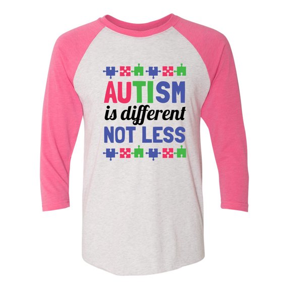 Adult Unisex Autism Awareness Autism Different Not Less 3/4 Sleeve Raglan-Pink/White-medium