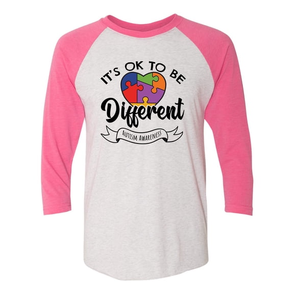 Adult Unisex Autism Awareness It's Okay To Be Different 3/4 Sleeve Raglan-Pink/White-xl
