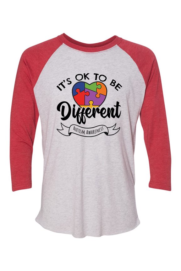 Adult Unisex Autism Awareness It's Okay To Be Different 3/4 Sleeve Raglan-Red/White-large