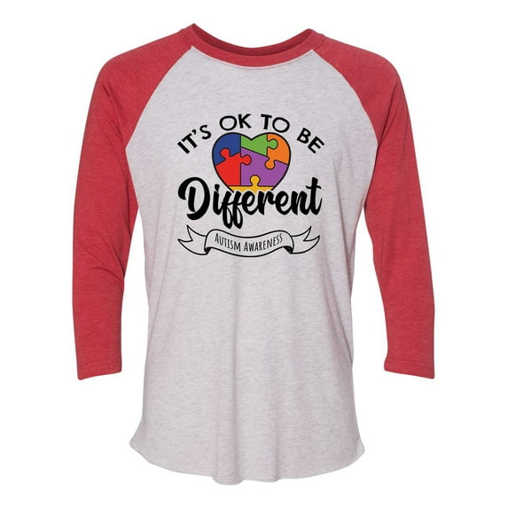 Adult Unisex Autism Awareness It's Okay To Be Different 3/4 Sleeve Raglan-Red/White-medium