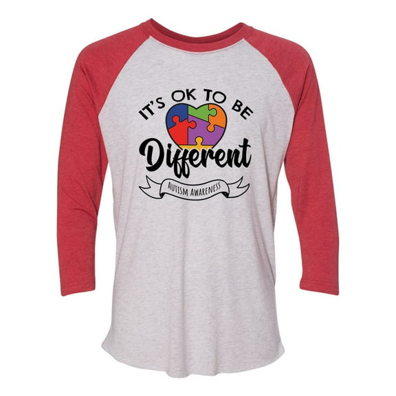 Adult Unisex Autism Awareness It's Okay To Be Different 3/4 Sleeve Raglan-Red/White-medium