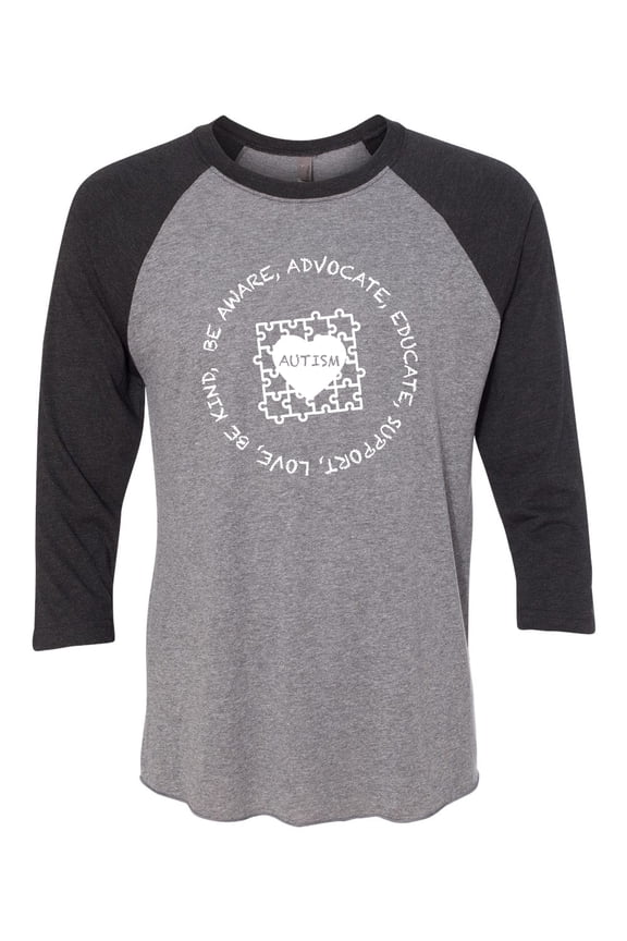 Adult Unisex Autism Awareness Puzzle Be Aware Educate Support Love 3/4 Sleeve Raglan-Black Heather/Heather Grey-medium