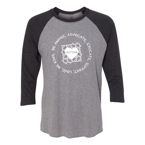 Adult Unisex Autism Awareness Puzzle Be Aware Educate Support Love 3/4 Sleeve Raglan-Black Heather/Heather Grey-small