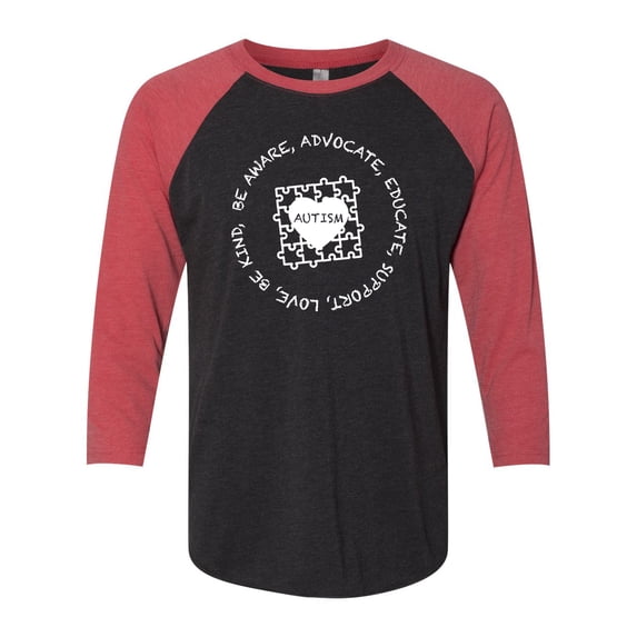 Adult Unisex Autism Awareness Puzzle Be Aware Educate Support Love 3/4 Sleeve Raglan-Vintage Red/Black Heather-large