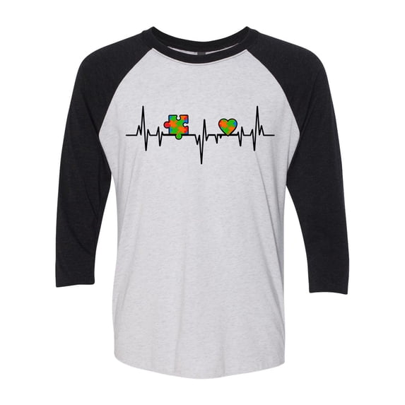 Adult Unisex Autism Awareness Puzzle Piece Heartbeat 3/4 Sleeve Raglan-Black/White-small