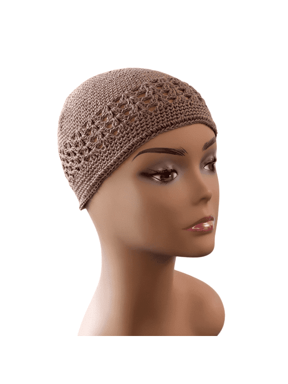 Fish Net Knit Skull Kufi Acrylic Casual Cap, Light Brown, One Size, 1 Pc.