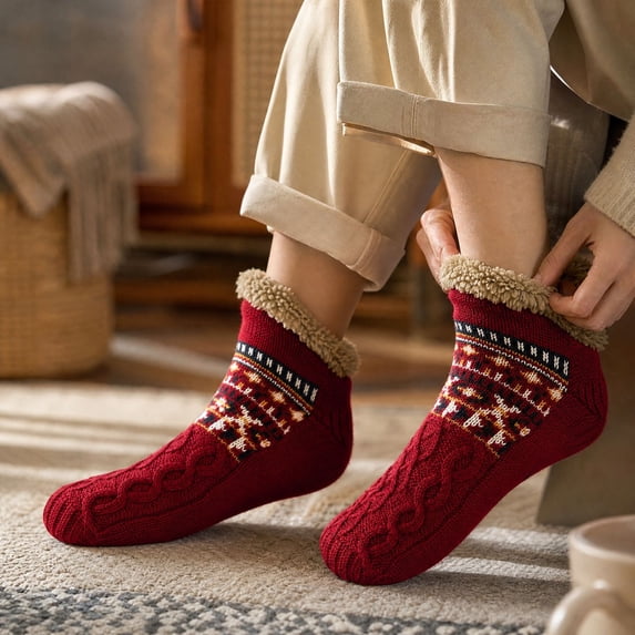 Adult Unisex Fleece Lined Thick Ankle Socks Indoor Home Floor Socks Soft Knit Slipper Socks For Cold Weather Use (Red)