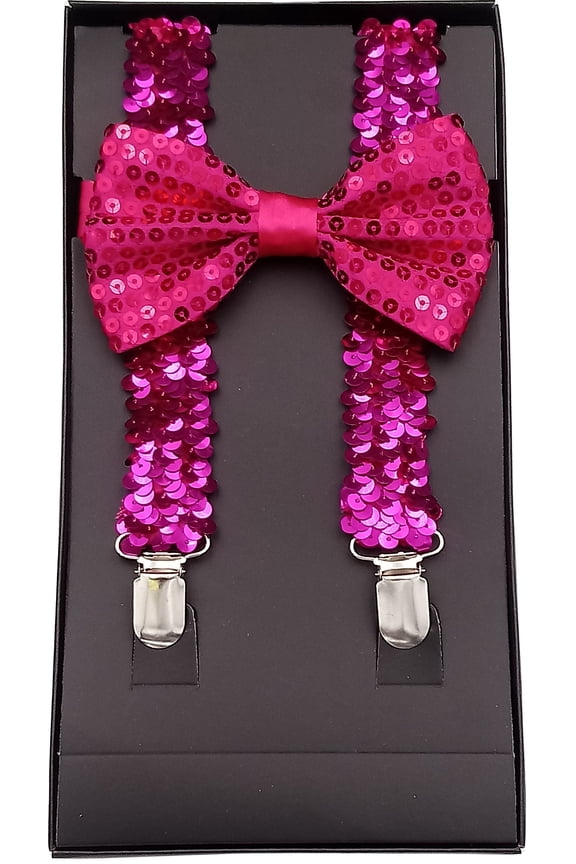 Adult Unisex PURPLE SEQUINS Sequined Suspenders and Bow tie Set Adjustable BOXED GIFT SET