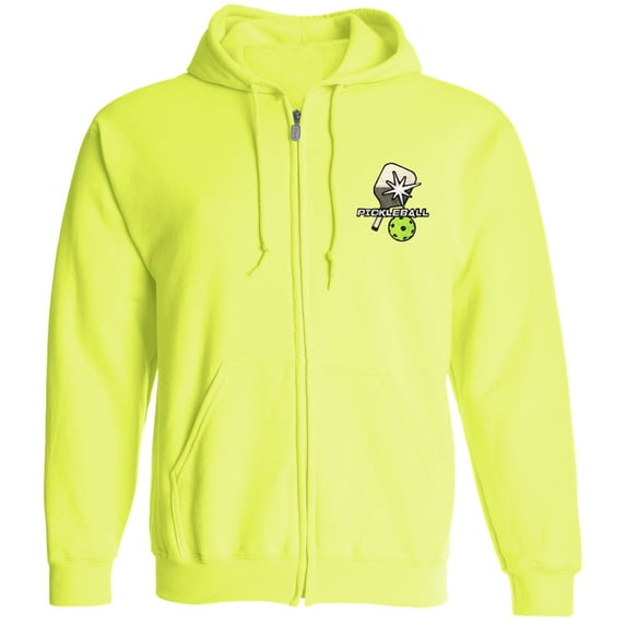 Adult Unisex Pickle Ball Patch Neon Full-Zip Hoodie Sweatshirt, Safety Green, 3XL