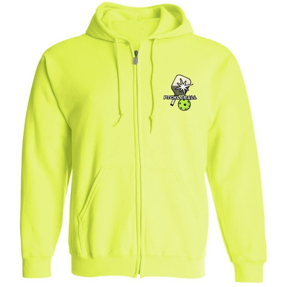 Adult Unisex Pickle Ball Patch Neon Full-Zip Hoodie Sweatshirt, Safety Green, XL