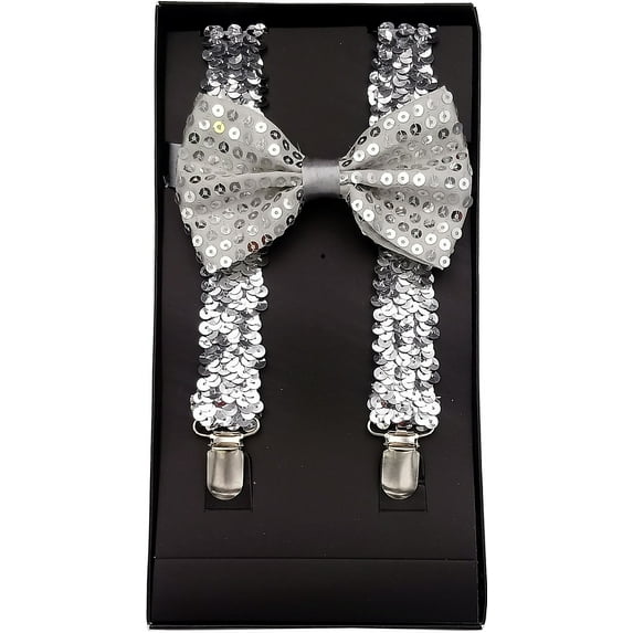 Adult Unisex SILVER SEQUINS Sequined Suspenders and Bow tie Set Adjustable BOXED GIFT SET