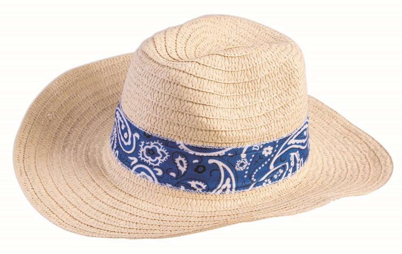 Adult Unisex Western Straw Hat With Blue Bandana - Walmart.com
