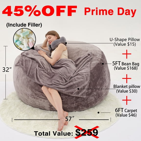 Adult Velvet Bean Bag Chair, Ultra-Soft Plush Lazy Sofa, Removable Memory Foam, Portable Lounge for Bed/Window, 3-pc Gift Set