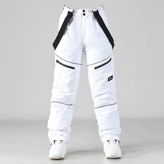 Adult Waterproof Snow Pants Mens Womens Winter Thicken Warm Skiing Snowboard Pants with Detachable Braces Overall White L