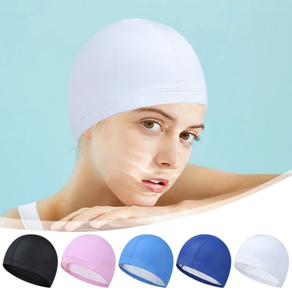Adult Waterproof Swim Cap for Men and Women, PU Coated Swimming Cap with Hair and Ear Protection, Stretchy Non Slip Swim Hat for Pool, Fitness and Training, Blue, AKLJWH