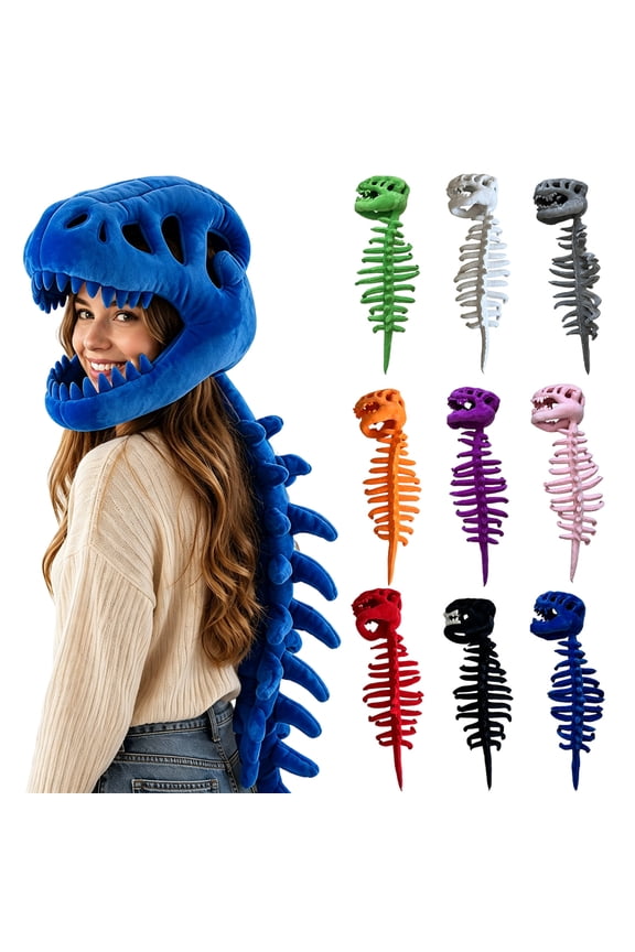 Adult Wearable Dinosaur Skull Hat with Long Spine Costume Accessory, Soft Plush Spooky Fossil Outfit (Not Pajamas) for Men Women Halloween Cosplay Dress UpBlue 45.28 Inch