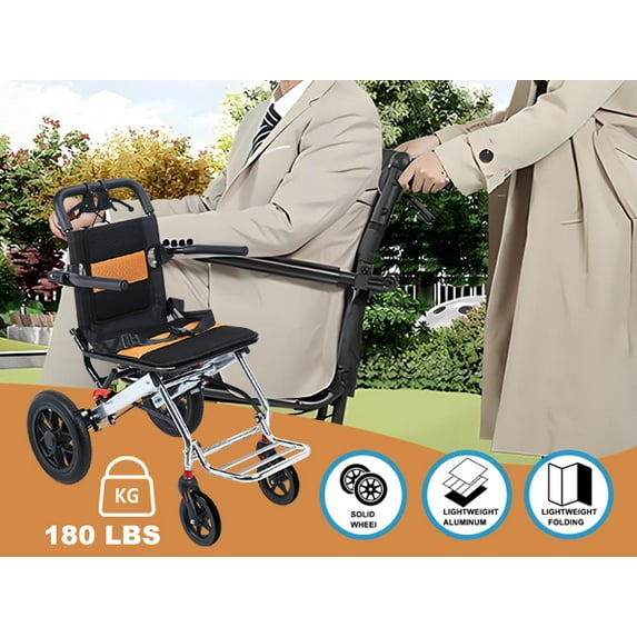 Adult Wheelchair, Lightweight Foldable Transport Wheelchair, Narrow Doorways Wheel Chair, Travel Wheelchair with Handbrake, Shock-absorbing Load Capacity of 80KG, 12 inch Shock-absorbing Pump