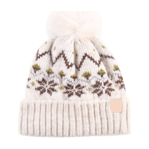 Adult Winter Knit Beanie Fleece Lined Warm Hats, Cuffed Pom Pom Cap with Snowflake Pattern Ear Coverage, Thick Party Hats for Men Women Winter Outdoor Beige