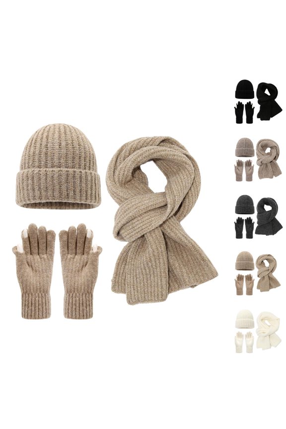 Adult Winter Knit Hat Scarf Gloves Set - Soft Plush Beanie Neck Warmer Mittens, Windproof Warm Stocking Stuffers, Cold Weather Christmas Gifts For All