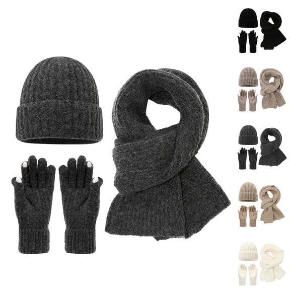 Adult Winter Knit Hat Scarf Gloves Set - Soft Plush Beanie Neck Warmer Mittens, Windproof Warm Stocking Stuffers, Cold Weather Christmas Gifts For All