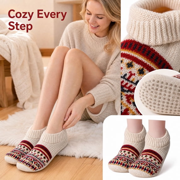 Adult Winter Slipper Socks Fleece Lined Thick Warm Floor Socks Non Slip Indoor House Socks Knit Ankle Cabin Socks Cozy Soft Gripper Bottom Bed Socks For Women Men Cold Weather (Beige)