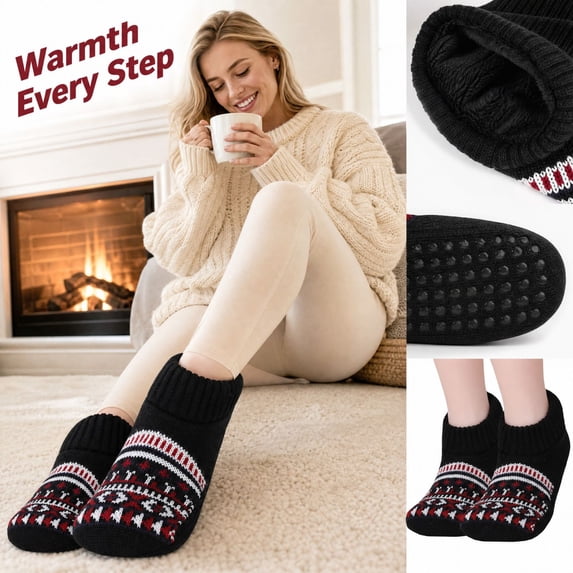 Adult Winter Slipper Socks Fleece Lined Thick Warm Floor Socks Non Slip Indoor House Socks Knit Ankle Cabin Socks Cozy Soft Thermal Bed Socks For Women Men Cold Weather Home Lounge Grip Bottom Sock