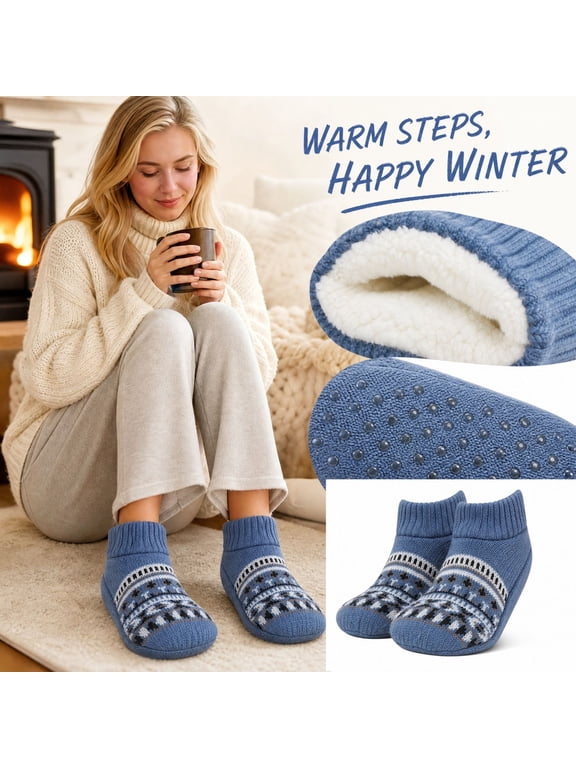 Adult Winter Slipper Socks Fleece Lined Thick Warm Floor Socks Non Slip Indoor House Socks Knit Ankle Cabin Socks Cozy Thermal Bed Socks For Women Men Soft Plush Gripper Bottom Cold Weather Footwear