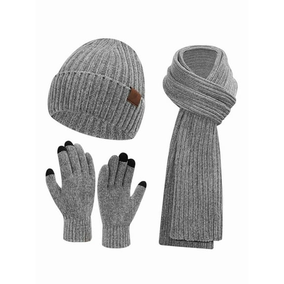 Adult Winter Women'S and Men'S Universal Knitted Hat, Scarf, and Gloves 3-Piece Set Light Grey One size