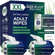 Adult Wipes for Elderly Large Wet Wipes for Adults Incontinence Butt Wipes 8"x13" Soft Body Wipes for Women with Vitamin E & Aloe Disposable Washcloths Period Wipes 240ct (4 Packs of 60)