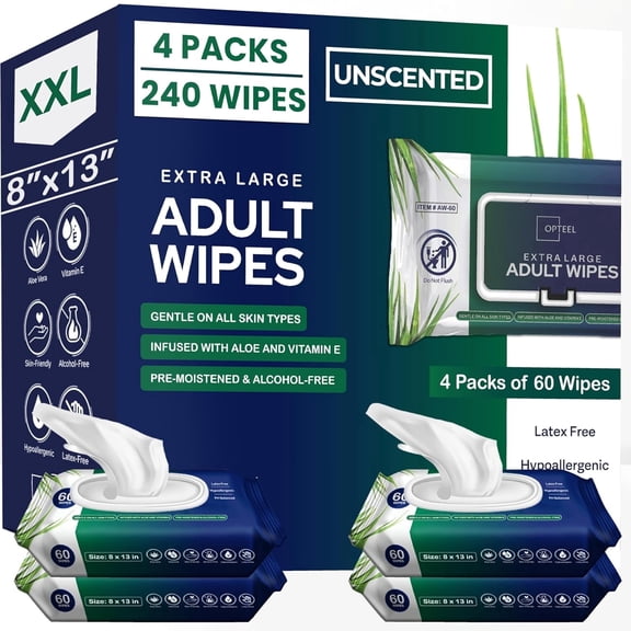Opteel Wet Wipes for Adults Unscented, Rinse Free Extra Large Wipes for Elderly and Incontinence Care, 4 Packs of 60, 240Count