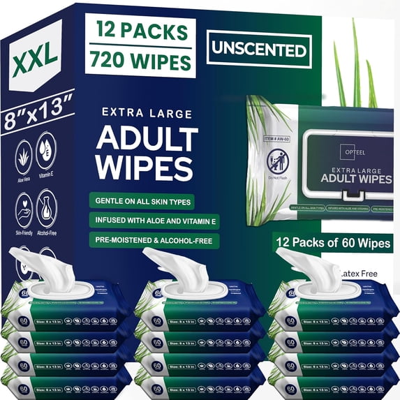 Adult Wipes for Elderly 8"x13" 720ct (12 Packs of 60) Huge & Soft Non-Flushable Body Wipes for Adults Bathing No-Rinse Incontinence Vitamin E & Aloe