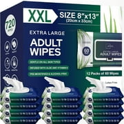 Adult Wipes For Elderly - 8"x13" 720ct (12 Packs of 60) Huge & Soft Non-Flushable Body Wipes for Adults Bathing No-Rinse - Incontinence Disposable Washcloths, Vitamin E & Aloe Infused Shower Wipes.