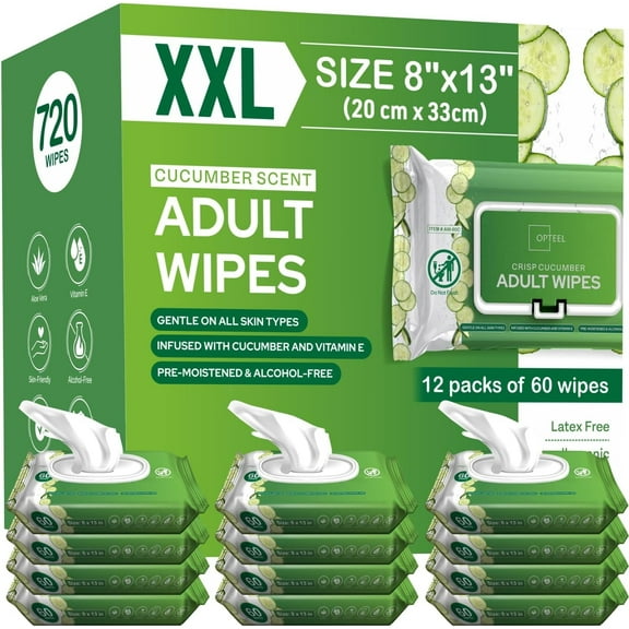 Adult Wipes Extra Large Scented - Skin-Friendly Incontinence Wet Wipes for Adults & Elderly No-Rinse Disposable Washcloths - 8x13" 12 Packs of 60 (720 Wipes)
