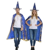 Adult Wizard Cape and Hat Set, Gold Star Print Open Front Cloak ...