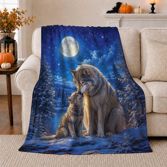 Adult Wolf and Pup Under a Full Moon Flannel Blanket, Warm Wildlife Home Decor for Wolf Lovers and Families, Father's Day Gift with Tender Winter Scene for Cabin and Living Room