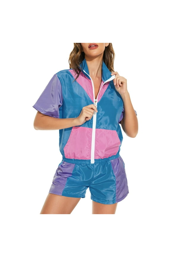 Adult Women And Man 80s Tracksuit Retro Hop Windbreaker Disco Tracksuit Sets Colorblock Outfits Set Blue L