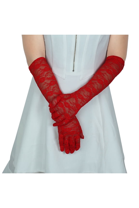 Adult Women Lace Full Finger Mittens Outdoor Sun Resistant Long Gloves Red Pair