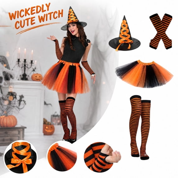 Adult Women'S Halloween Witch Costume Set With Hat, Striped Socks, Gloves And Tulle Skirt, Four-Piece Outfit For Costume Parties, Dance Events, Cosplay And Themed Celebrations