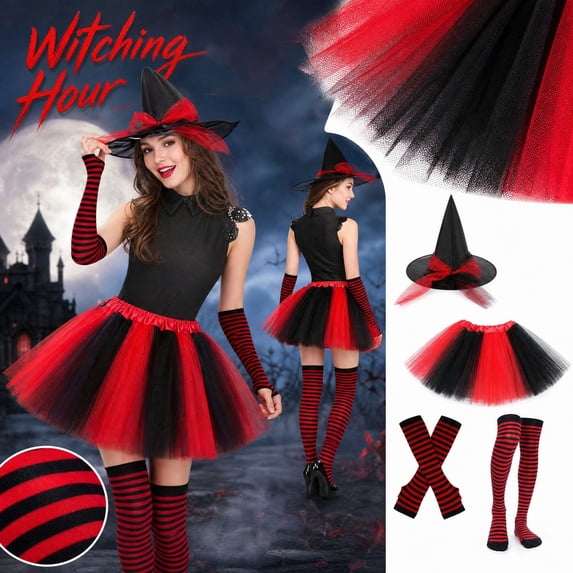 Adult Women'S Halloween Witch Costume Set With Hat, Striped Socks, Gloves And Tulle Skirt, Four-Piece Outfit For Costume Parties, Dance Events, Cosplay And Themed Celebrations