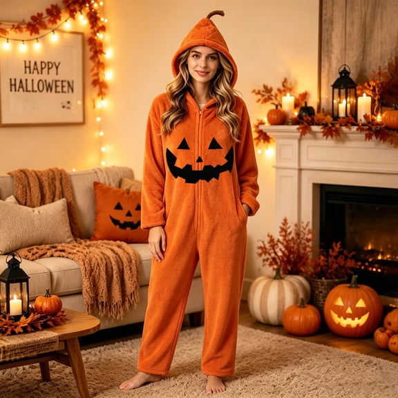 Adult Women Soft Plush Halloween Pumpkin Face Printed Flannel Jumpsuit Hooded Loose Festive Loungewear Earthy Yellow 2XL