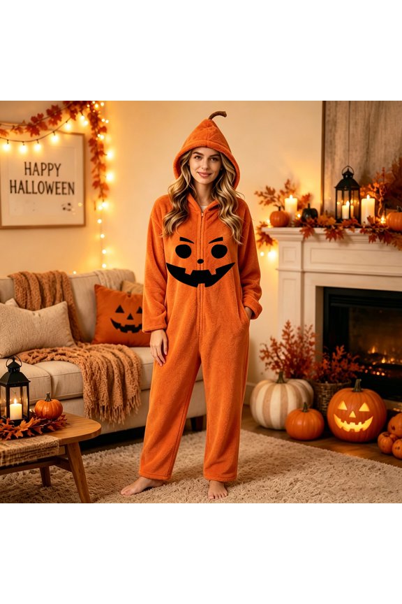 Adult Women Soft Plush Halloween Pumpkin Face Printed Flannel Jumpsuit Hooded Loose Festive Loungewear Ginger 2XL